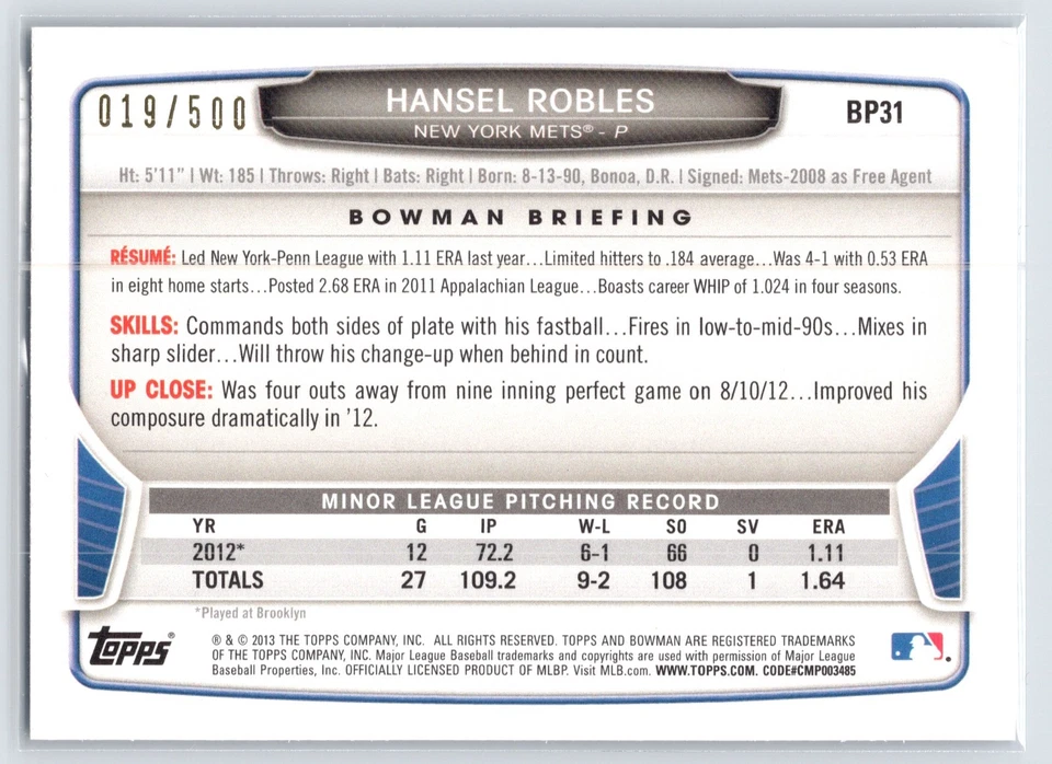 2013 Bowman Prospects Blue #BP31 Hansel Robles /500 - Image 2 of 2