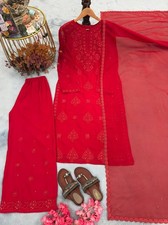 Attractive Look Red Heavy Georgette Top Palazzo And Dupatta For Women Wear