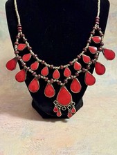 Vintage Afghan Kuchi Tribal Dangle Necklace - Red
