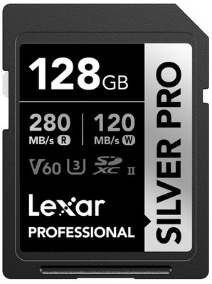 Lexar 128GB Professional SILVER PRO SD Card, UHS-II, C10, U3, V60, Full HD, 4K