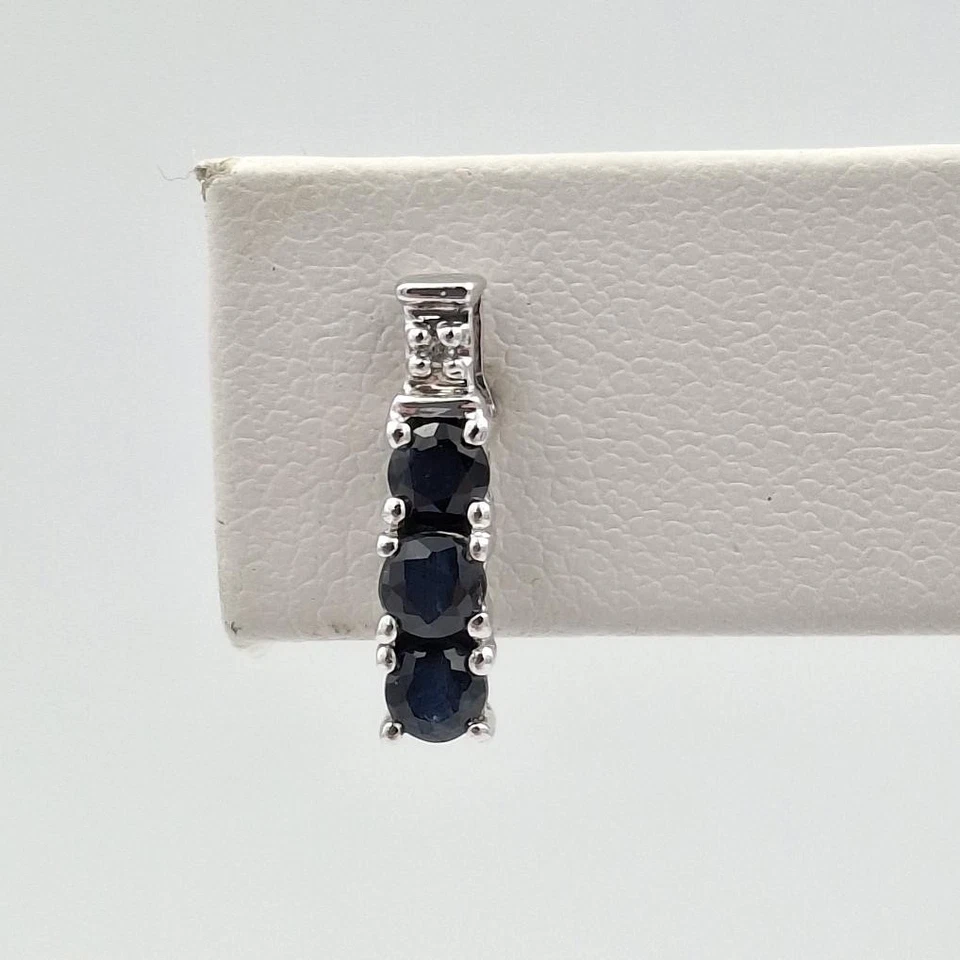 10K White Gold Round Sapphire & Diamond Accent 3-Stone Stud Drop Earrings - Image 2 of 4
