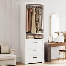 Freestanding Closet System with 3 Wood Drawers, Modern Armoire Wardrobe with Adj