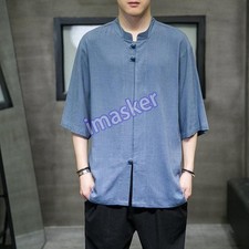 Chinese Style Men's Stand Collar Loose Shirt Half Sleeve Tops Summer Casual