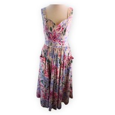 Laura Ashley Midi Dress Size 14 Floral Cotton Pockets Summer Vintage