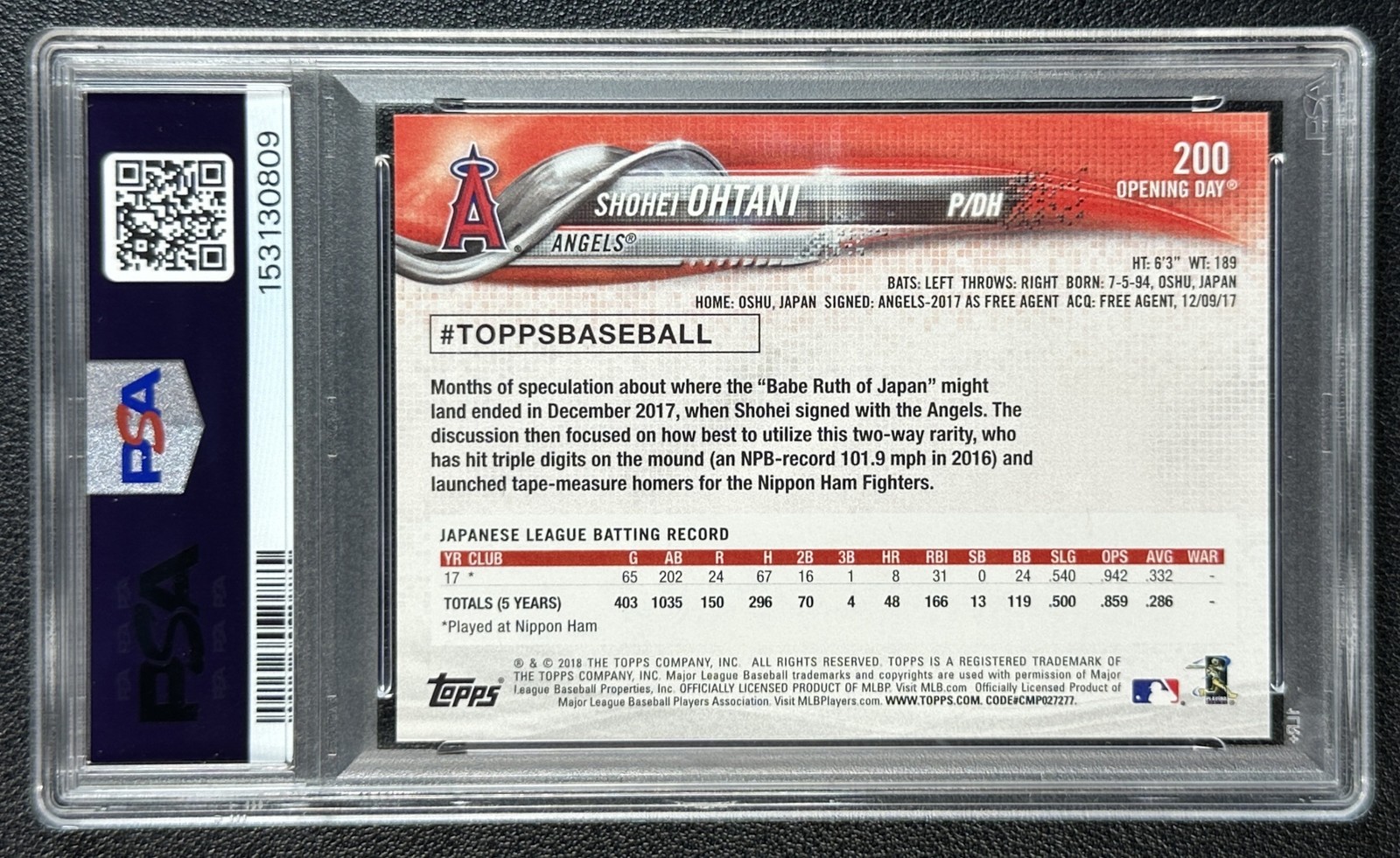 SHOHEI OHTANI PSA 9 2018 TOPPS OPENING DAY #200 ROOKIE RC ANGELS 0809 view 2