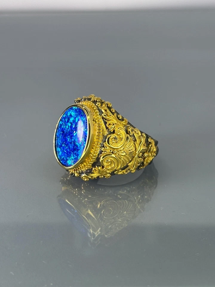 Opal 925 Sterling Silver Men’s Ring, Bold Vintage Style, Blue Opal Signet Ring - Image 4 of 4