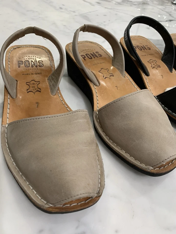 (2 Pair) Pons Classic Leather Avarcas Slingback Sandals Shoes Sz 7 Black / Tan - Image 3 of 4