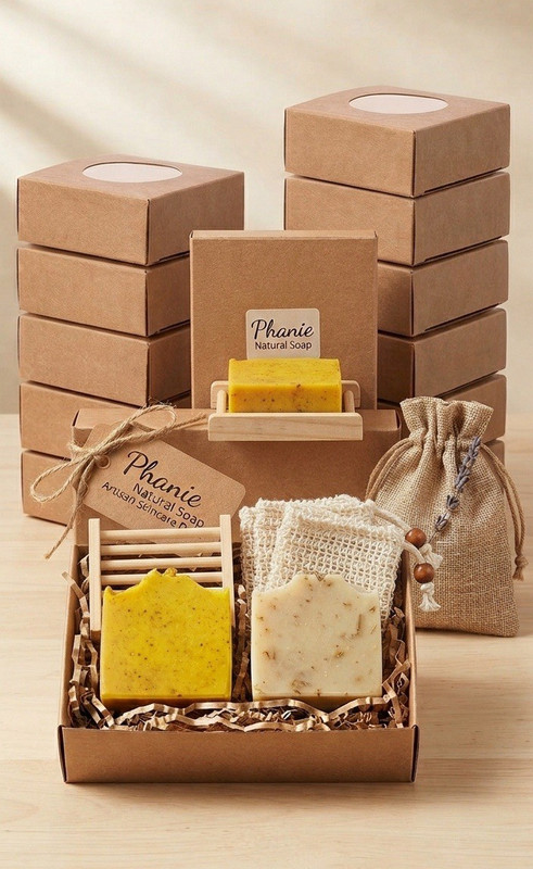 Phanie Natural Soap Gift Basket Set w/ Bar Soaps, Dish, Pouch - Spa Theme