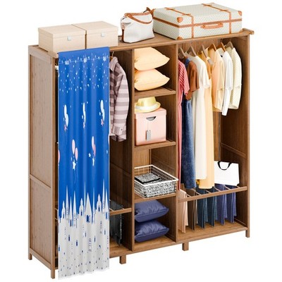 Bamboo Wardrobe Closet 2 Hanging Rods 6 Shelves Large Capacity Clothes Rack
