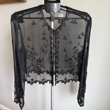 JKara NY Black Sheer Beaded Long Sleeve Bolero Shrug Dress Jacket FairyGoth S/M