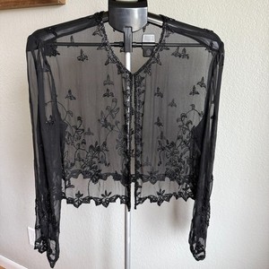 JKara NY Black Sheer Beaded Long Sleeve Bolero Shrug Dress Jacket FairyGoth S/M
