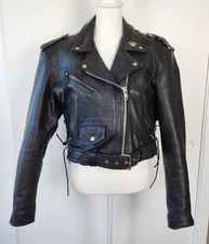 Vintage Diamond Leather Women's Distressed Black Leather Zip Up Moto Jacket, XL