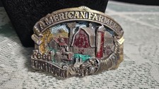 Vintage "AMERICAN FARMERS FEED THE WORLD" Brass Belt Buckle 1984 Pre-Owned 