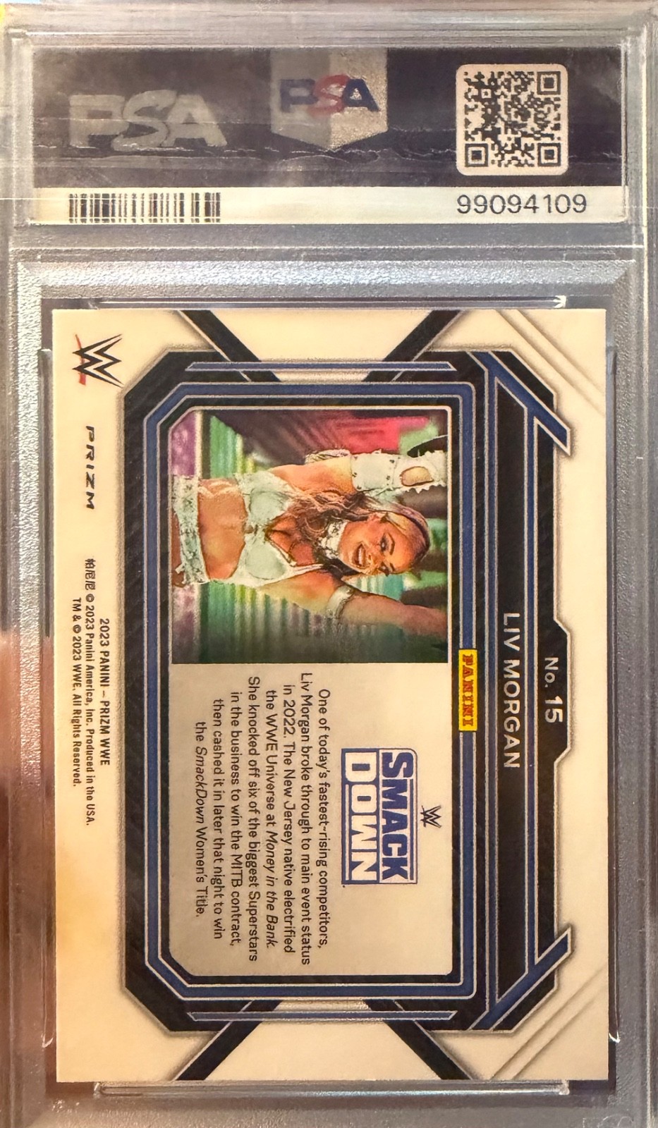 2023 Prizm Liv Morgan WWE Silver Prizm Card #15 RaRe PoP 3 Panini PSA 10 GEM MT view 2