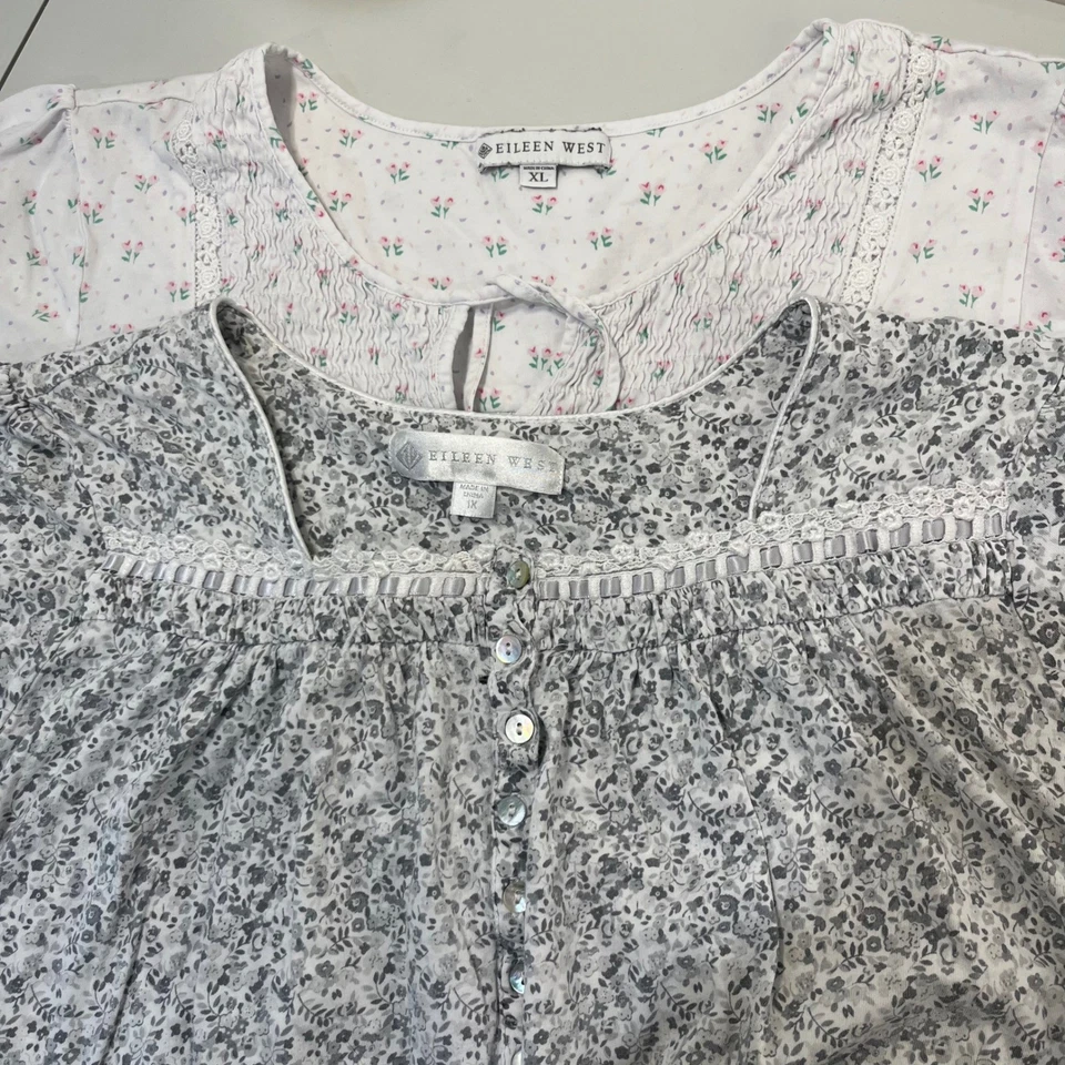 2 Eileen West Floral Nightgowns Sleep Shirt Womens 1X/XL Gray White Cozy Cottage - Image 2 of 4