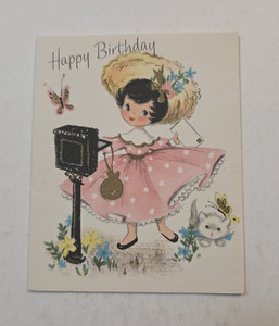 Vintage Hallmark Happy Birthday Card Girl Pink Dress Cat Greeting Card