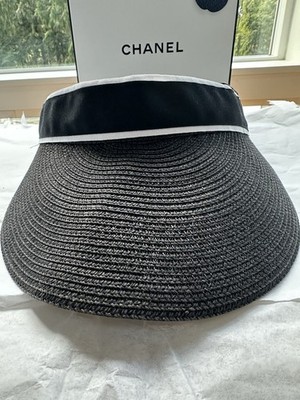 CHANEL 2022 Coco Mark Abaca Raffia Silk Ribbon Straw Visor Black