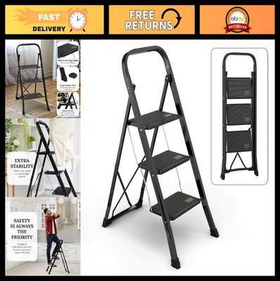 Heavy Duty 3-Step Folding Ladder - Anti-Slip Platform, Rubber Feet, 330 lbs Capa