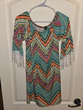 Win Win Half Sleeve Lace Tunic Womens L - XL Multicolor Geometric Hippie  ECU