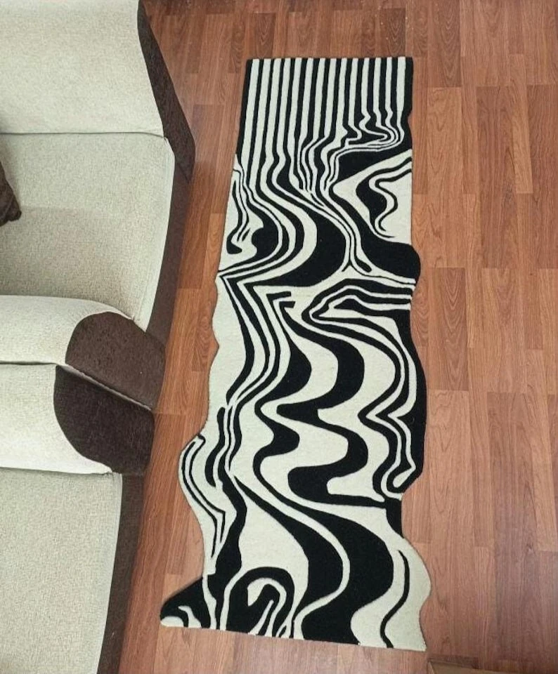 Modern Black-White Hand Tufted, Wool Area Rug for bedroom office size 3x8 Feet - Image 3 of 4