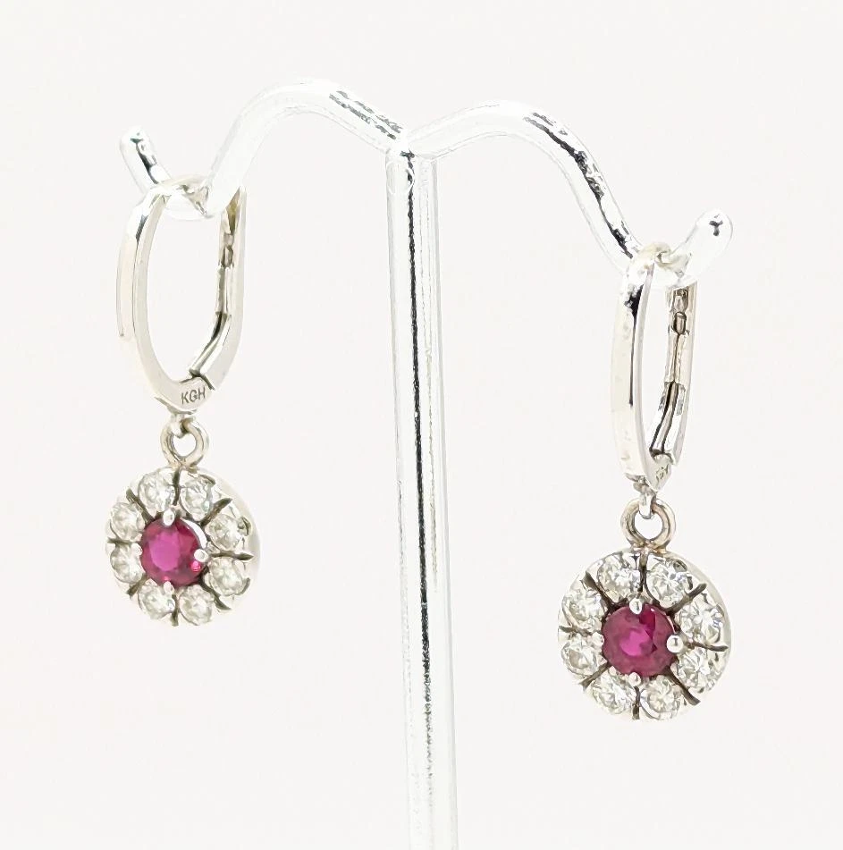 14K 4.49g Solid White Gold Ruby & Diamond Halo Star Cluster Drop Dangle Earrings - Image 3 of 4