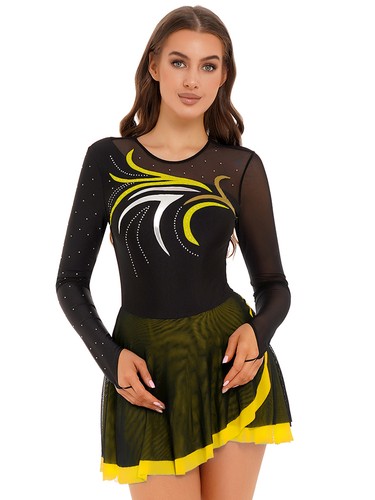 Womens Shiny Long Sleeve Leotard Dress Figure Ice Skating Ballet Dance Dress - Picture 27 of 52