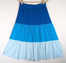 Lands  End Tiered Midi Skirt Blue Colorblock Cotton Blend Pull On Size M 10-12