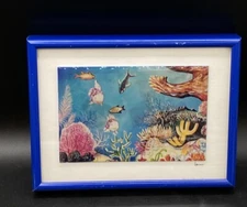 Framed Glossy Tile Wall Hanging Sealife Colorful Signed Lou Tropical Reef