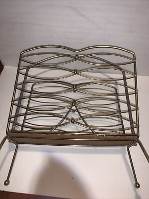 mcm brass & wood record holder magazine rack waves & ball mid century
