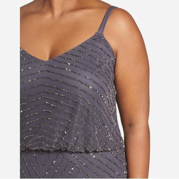 Nuevo con etiquetas Vestido Blusa Adrianna Papell Art Deco Con Cuentas en Gunmetal/Dorado Talla 14P Foto 2 de 4