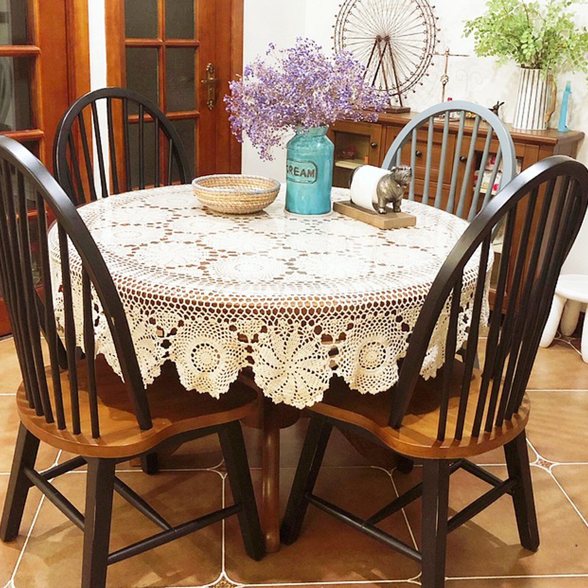 52inch Round Hand Crochet Tablecloth Ecru Vintage Lace Table Cloth