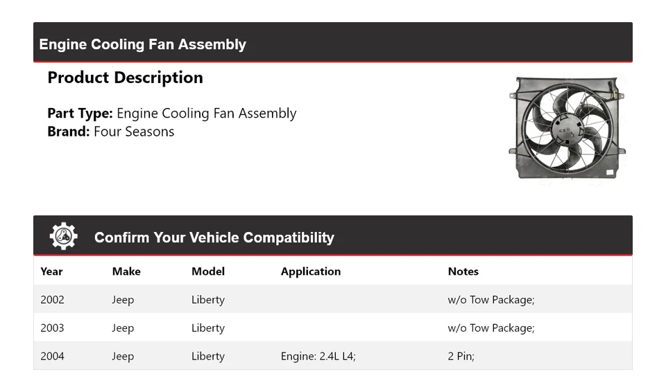 Conjunto de ventilador de refrigeración del motor Jeep Liberty 2002-2004 4 estaciones 2003 Foto 2 de 4