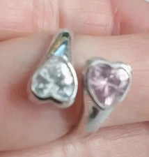 Clear and Pink CZ Heart Bypass Ring Silver Size 6 to 7.5 Adjust