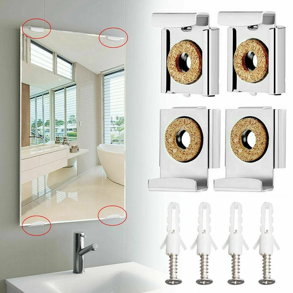 4pcs Frameless Unframed Bathroom Mirror Glass Wall Hanging Fixing Kit Clips