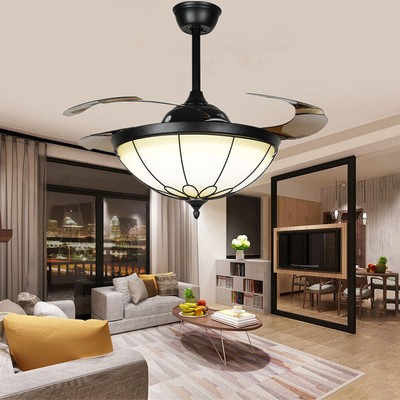 Retro 42'' Stained Glass Chandelier Invisible Ceiling Fans Remote 3-Color 3-Speed
