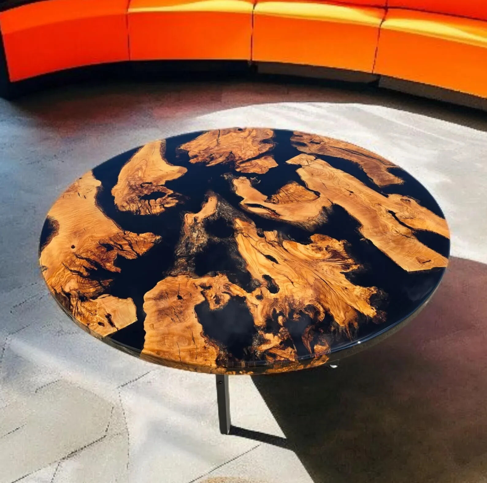 Custom Wood & Black Epoxy Resin Round River Dining Table-image
