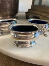 3 Silver Plated Footed Salt Cellars Dips w/ Cobalt Blue Glass / Plastic inserts