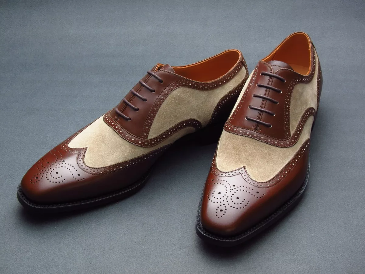 Handmade Mens Tan brown wingtip Leather Dress shoes, Men brogue formal shoes