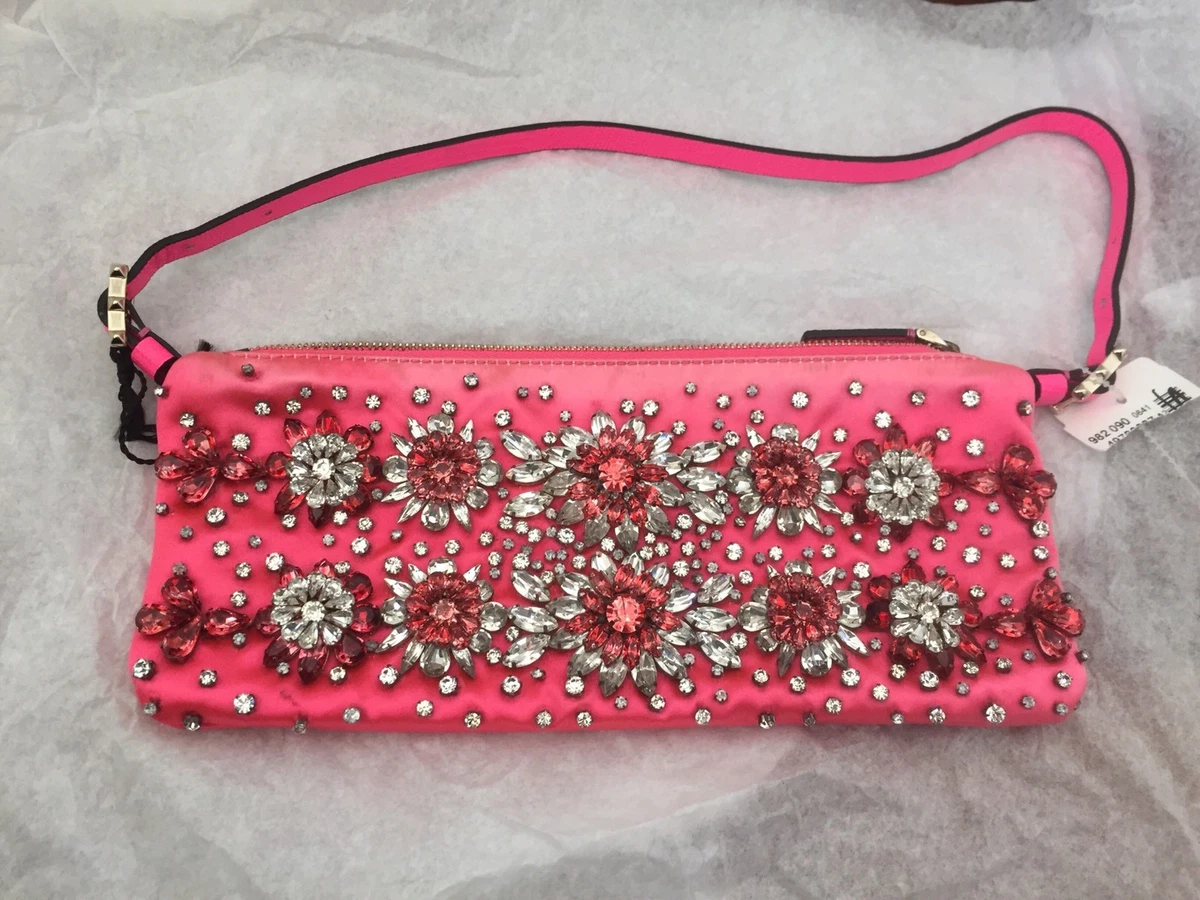 Valentino Garavani Pink Silk Satin Crystal Embellished Flower Pochette Bag