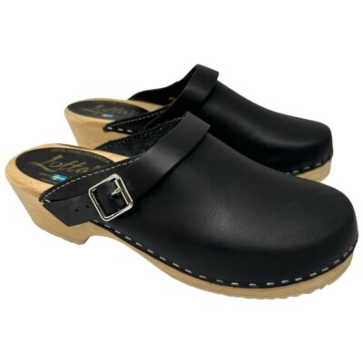 Lotta From Stockholm Swedish High Heel Black Leather Wood Clogs Size Euro  39