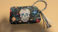 Sugar Skull Day Of The Dead Clutch Purse With Strap full zipper