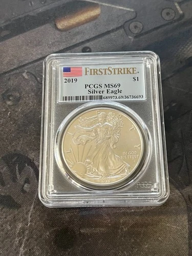 2019 $1 American Silver Eagle 1Oz Fine Silver - MS69 - PCGS Blue Label & US Flag