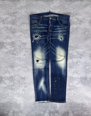 Dsquared2 Men s Dark Wash Ripped Denim Jeans Biker Cotton Stretch Slim EU52/US36