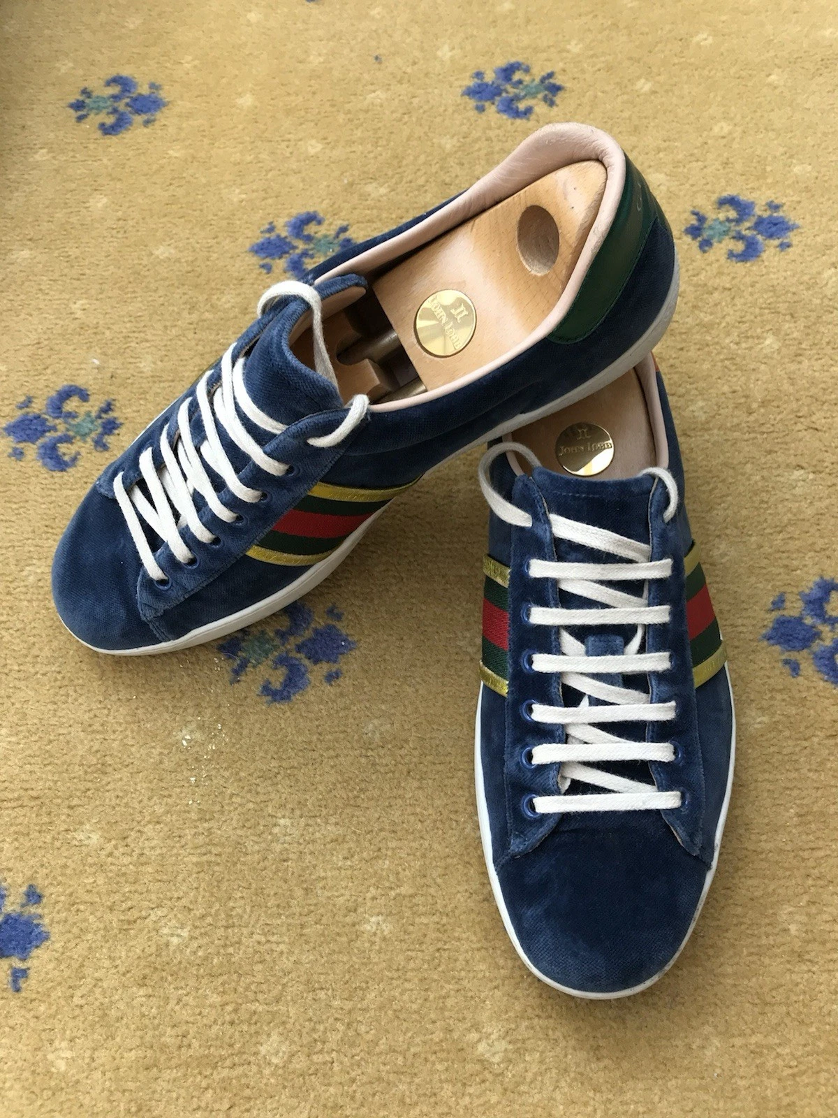 Gucci Ace Baskets Chaussures Velours Bleu Toile Rouge Homme US 12 UK 11,5 EU 45,5