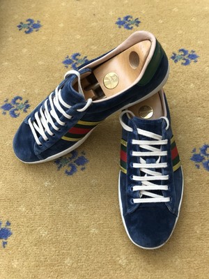 Gucci Ace Trainers Sneaker Schuhe Samt Blau Web Rot Herren US 12 UK 11,5 EU 45,5