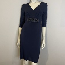 David Meister Women  s Dress Size 6 Navy Beaded Waist 3/4 Sleeve Cocktail