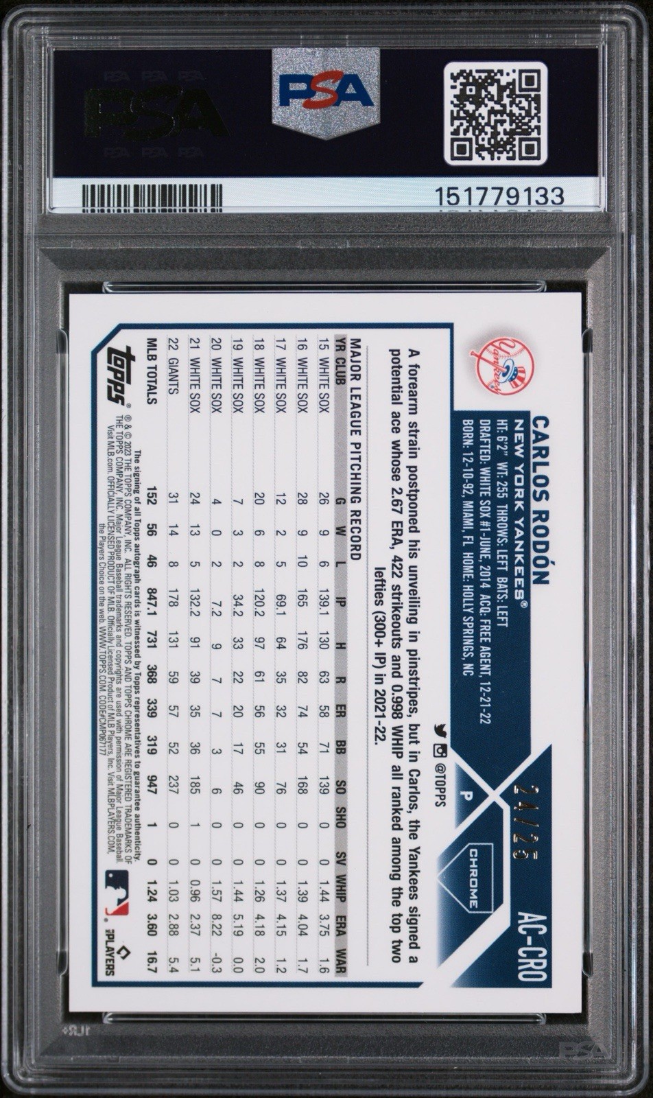 Carlos Rodon - 2025 Topps Chrome Update #ACCRO Auto Orange /25 PSA 9 - YANKEES view 2