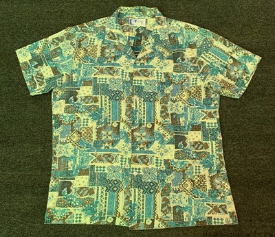 Vintage RJC Shirt Mens Large Patchwork Tiki Blue Fish Made in USA Cotton Surfer