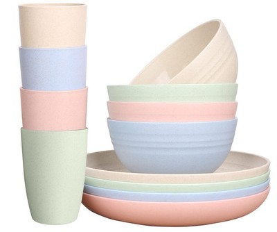 LuckyZone Wheat Straw Dinnerware Sets for 4 (Reusable Plates, Bowls & Cups) - Li