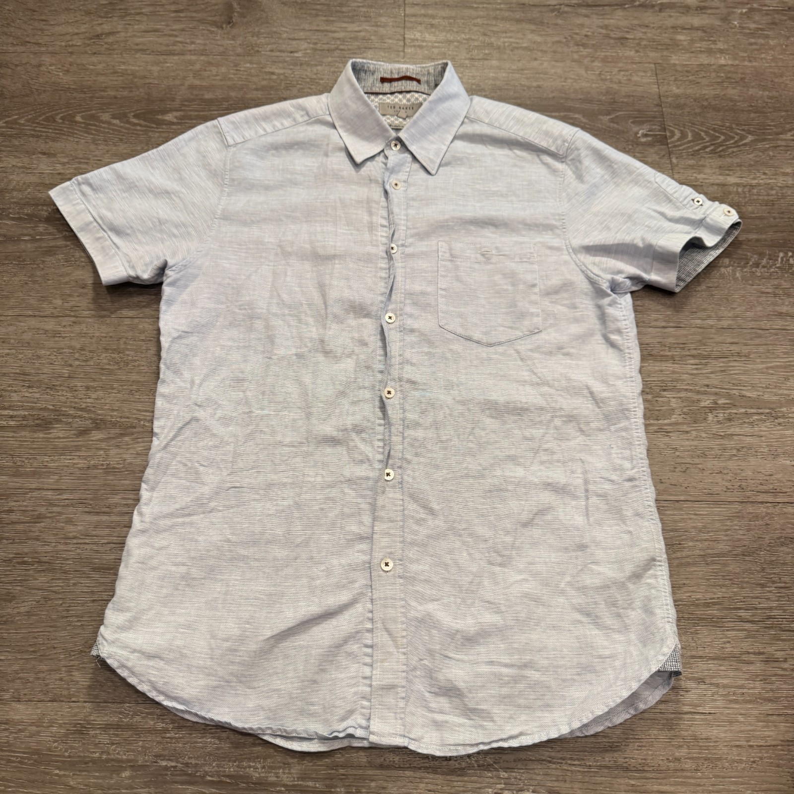 Ted Baker Shirt Mens 3 Blue Chambray Button Up Short Sleeve Linen Casual Adult